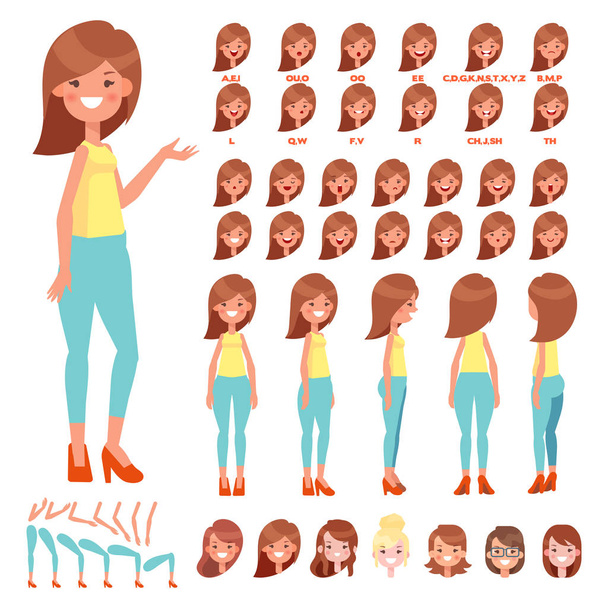 Front, oldalsó, hátsó nézet animált karakter. Csinos fiatal nő karakter létrehozása, beállítása a különböző nézetek, frizura, arc érzelmek, jelent. Rajzfilm stílusú, lapos vektoros illusztráció. - Vektor, kép