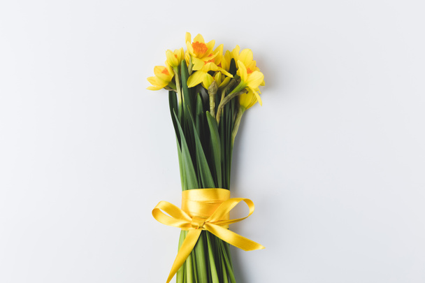 beautiful blooming daffodils flowers with yellow ribbon isolated on grey - Fotoğraf, Görsel