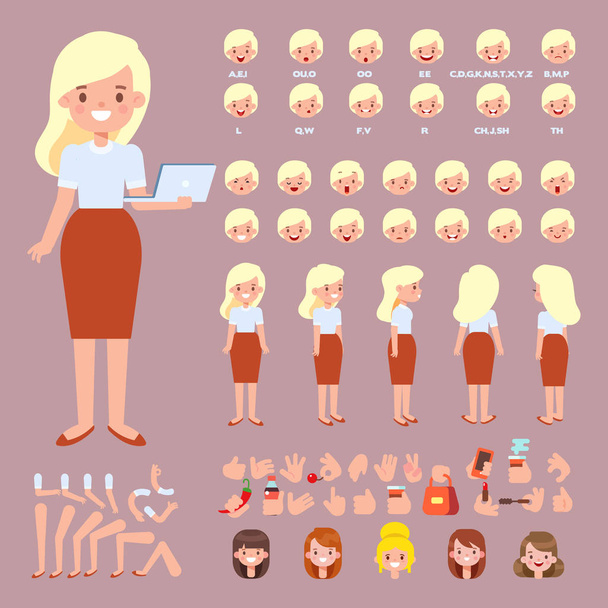 Front, side, back view animated character. Business woman character creation set with various views, hairstyles, face emotions, poses and gestures. Cartoon style, flat vector illustration. - Vector, Image