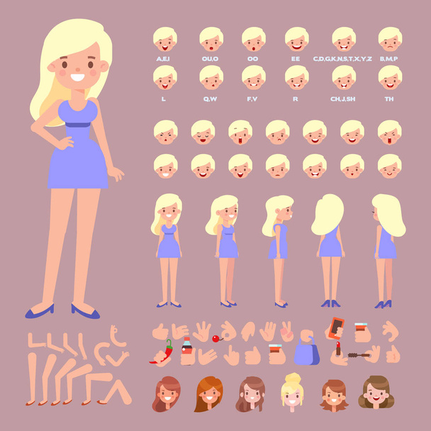 Front, side, back view animated character. Pretty woman in dress creation set with various views, hairstyles, face emotions, poses and gestures. Cartoon style, flat vector illustration. - Vector, Image