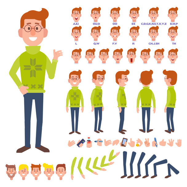 Flat Vector Guy character for your scenes. Character creation set with various views, face emotions, lip sync and poses. Parts of body template for design work and animation. - Vector, Image