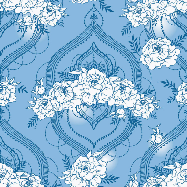 seamless pattern with beutiful peonies and mendi style deorative frames, vector illustration - Vector, Image