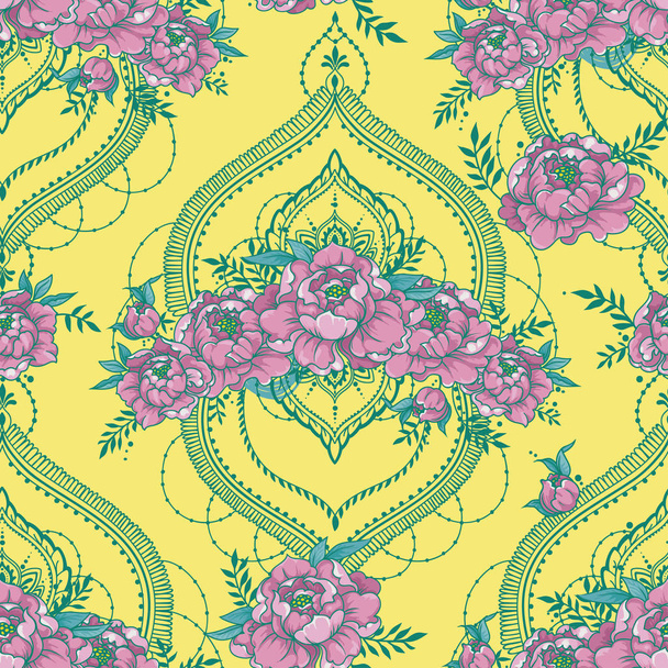 seamless pattern with beutiful peonies and mendi style deorative frames, vector illustration - Vektor, obrázek