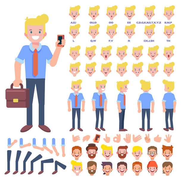 Front, side, back view animated character. Business man character creation set with various views, hairstyles, face emotions, poses and gestures. Cartoon style, flat vector illustration. - Vector, Image