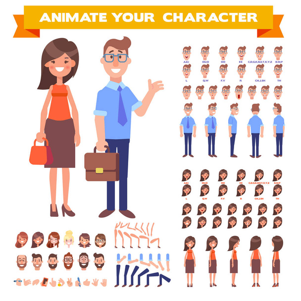 Front, side, back view animated character. Business woman and man character creation set with various views, hairstyles, face emotions, poses and gestures. Cartoon style, flat vector illustration. - Vector, Image