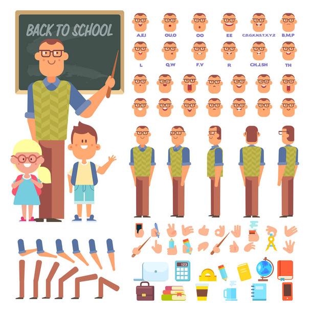 Male teacher with pupils creation set. Front, side, back view character constructor. Emotions, gestures and school supplies isolated on white background. - Vector, Image