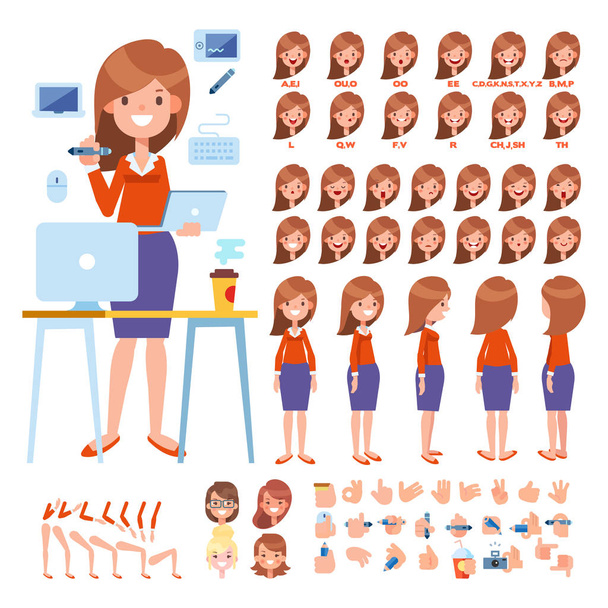 Front, side, back view animated character. Designer woman character creation set with various views, hairstyles, face emotions, poses and gestures. Cartoon style, flat vector illustration.  - Vector, Image