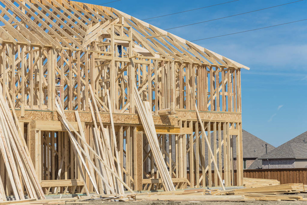 Close-up two-story stick built home under construction in Irving - Photo, Image