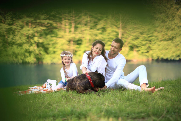 happy family with pet dog at picnic in a Sunny summer day. pregn - Фото, изображение