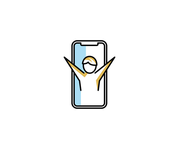 Smartphone y un hombre con los brazos levantados plantilla de logotipo. Concepto de comunicación en el diseño del vector del teléfono. Amistad y alegría ilustración
 - Vector, imagen