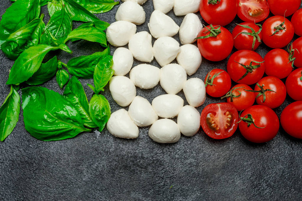 Italian flag made of mozzarella cheese, basil and tomatoes. Caprese salad - Фото, изображение