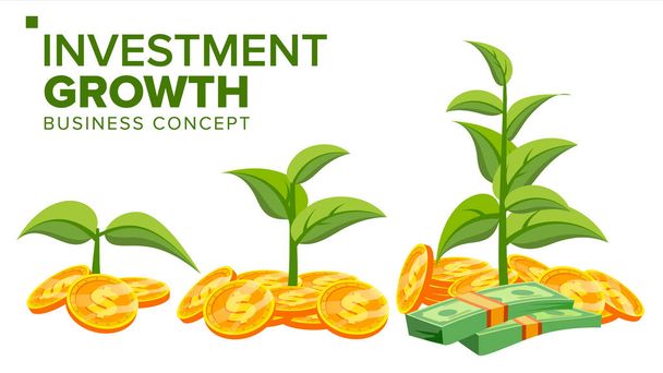 ビジネス成長の概念ベクトル。お金からの植物。金貨。成功を収める会社。フラットの漫画イラストを分離 - ベクター画像