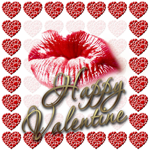Απόθεμα εικονογράφηση - ευτυχής Αγίου Βαλεντίνου κόκκινο φιλί χείλη, καρδιά σχήματα μοτίβου, κόκκινο και λευκό, 3d απεικόνιση, απομονωμένη φόντο λευκό. - Φωτογραφία, εικόνα