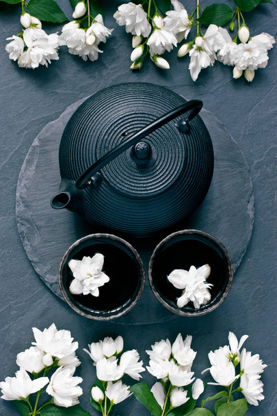 Asijská čajová sada na kamenné pozadí - Fotografie, Obrázek