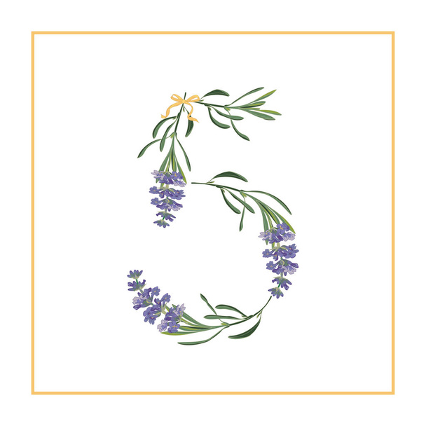 Digit 5 monogram. Retro sign alphabet with lavender flower initial - Vector, Image