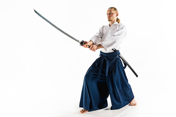 The young man are training Aikido at studio - Zdjęcie, obraz