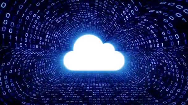 weiße Wolkensymbole bilden einen blauen binären Tunnel auf schwarzem Hintergrund. Cloud-Technologiekonzept. nahtlose Schleife. mehr Symbole und Farboptionen in meinem Portfolio. - Filmmaterial, Video