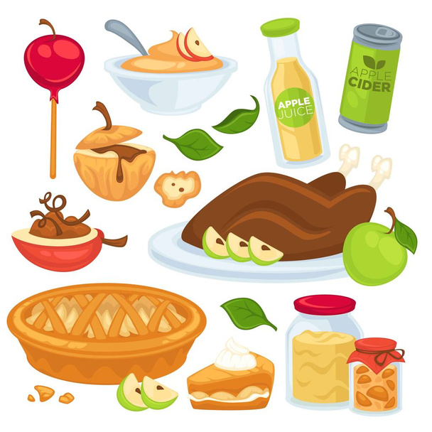 płaskie ikony Ustaw Apple żywności, napojów i deserów - Wektor, obraz