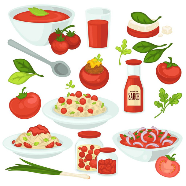 Tomaten-Essen, Salate und Gerichte mit Tomaten-Gemüsezutat - Vektor, Bild