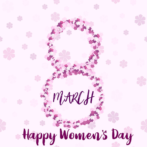 8 Μαρτίου. Ευτυχισμένος γυναικών μέρα ευχετήρια κάρτα με κείμενο χειρόγραφες ροζ γράμματα και λουλούδια. Διάνυσμα - Διάνυσμα, εικόνα