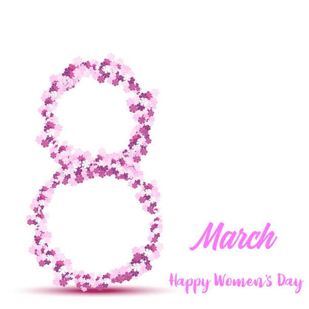  8 de marzo. Tarjeta de felicitación del día de la mujer feliz con letras manuscritas texto rosa y flores. Vector
 - Vector, imagen