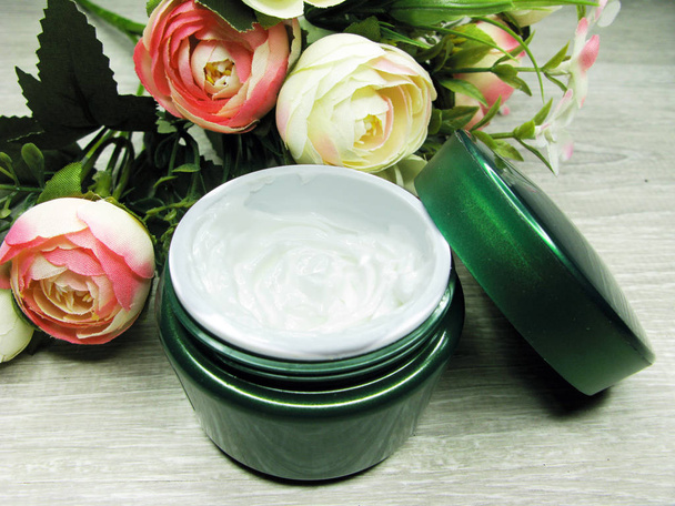 cosmetic cream for face care and rose flowers  - Photo, Image