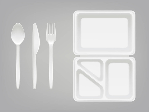 Jednorazowe plastikowe lunchbox i sztućce wektor ilustracja, płyta, łyżka, nóż lub widelec na białym tle 3d realistyczne ikony na białym tle - Wektor, obraz