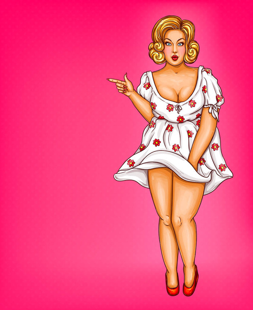 Vector fat, obese blonde pin up woman, pop art xxl, plus size model in white dress pointing a finger at discounts, sale - Vecteur, image