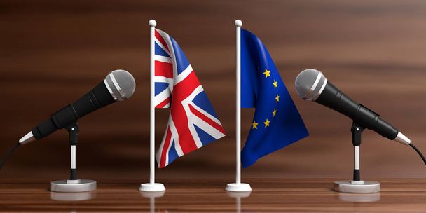 EU:n ja Yhdistyneen kuningaskunnan pienoisliput. Kaapelimikrofonit, puinen tausta, banneri. 3d kuva
 - Valokuva, kuva