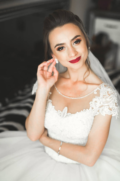 Portrait of beautiful bride with fashion veil at wedding morning - Foto, immagini