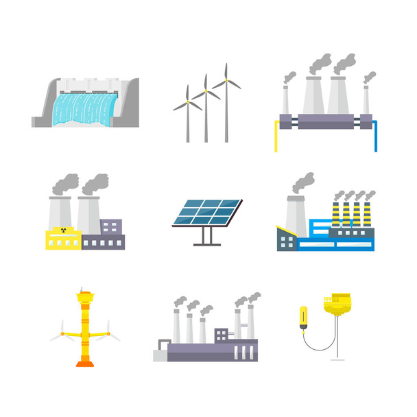 Karikatür enerji üretimi renkli simgeler kümesi. Vektör - Vektör, Görsel