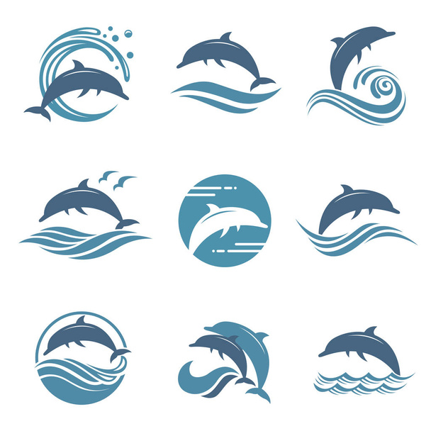 collection with abstract emblem of dolphin and sea wave - Вектор, зображення