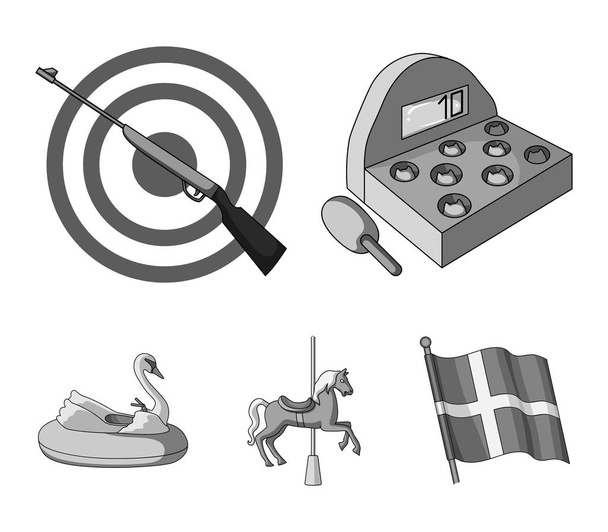 A game with a bat, a target with a gun, a horse on a carousel, a swan attraction. Amusement park set collection icons in monochrome style vector symbol stock illustration web. - Vektor, obrázek
