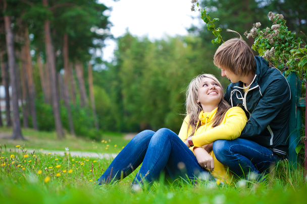 Couple aimant sont assis dans le parc ensoleillé. picnik
 - Photo, image