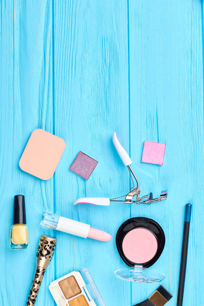 Cosmetics for natural makeup, top view. - Photo, Image