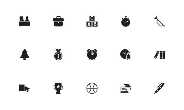 Conjunto de 15 iconos de enseñanza editable. Incluye símbolos como pelota de baloncesto, timbre, alumno y más. Se puede utilizar para diseño web, móvil, IU e infografía
. - Vector, Imagen