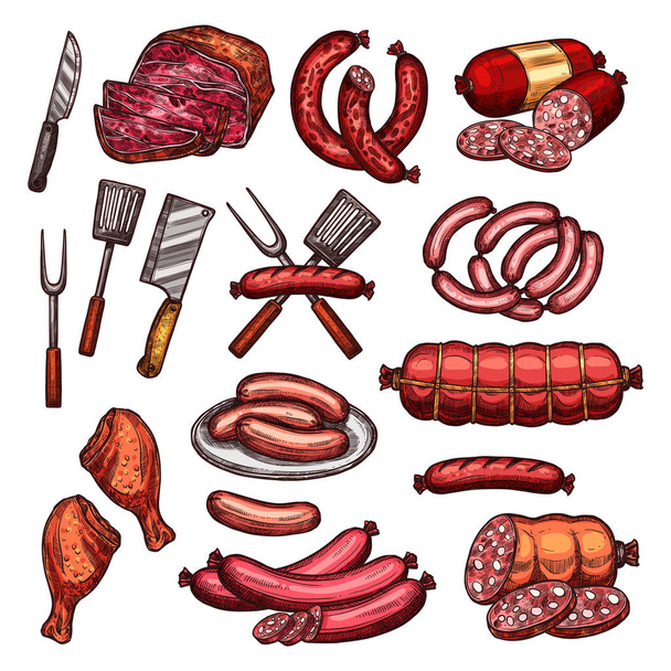 Мясной гриль и колбасный эскиз для дизайна барбекю
 - Вектор,изображение