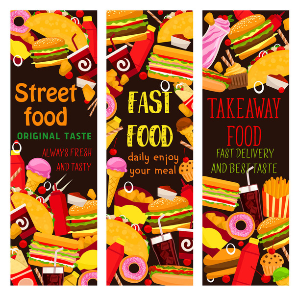 Fast food restaurant banner met afhaalmaaltijden lunch - Vector, afbeelding