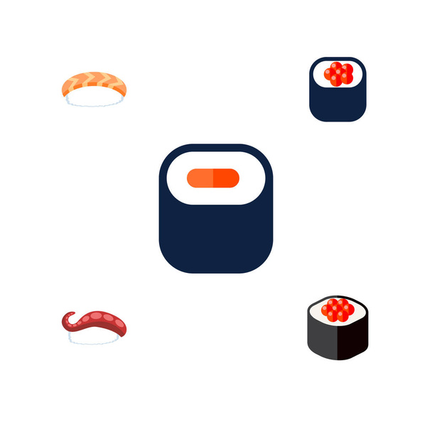 Εικονίδιο επίπεδη σασίμι σύνολο maki, Θαλασσινά, sashimi και άλλα διανυσματικά αντικειμένα. Περιλαμβάνει, επίσης, τρώγοντας, Μάκη, Θαλασσινά στοιχεία. - Διάνυσμα, εικόνα