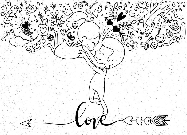 Love theme with happy couple hugging and encircling their lovers - Vector, Image