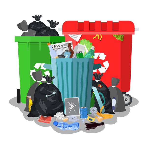 Steel garbage bin full of trash. - Vector, Image