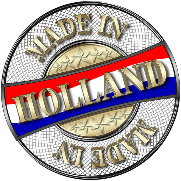 Stock Illustration - Golden Made in Holland, The Netherlands, Dutch Flag, 5 Golden Stars, 3D Illustration, Black Shiny Metal Badge, White Background. - Photo, Image