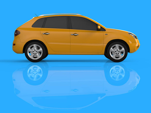 Kompakt városi crossover sárga szín kék háttérrel. Jobb oldali nézet. 3D-leképezés. - Fotó, kép