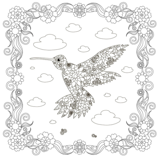 Doodle monochrome dessiné à la main colibri, nuages, fleurs, cadre. Illustration vectorielle anti stress
 - Vecteur, image