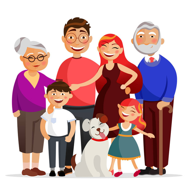 Gelukkige familie staande samen knuffelen, glimlachend. Moeder, vader, dochter en zoon en oma en opa. Familie met de hond platte vectorillustratie geïsoleerd op witte achtergrond - Vector, afbeelding