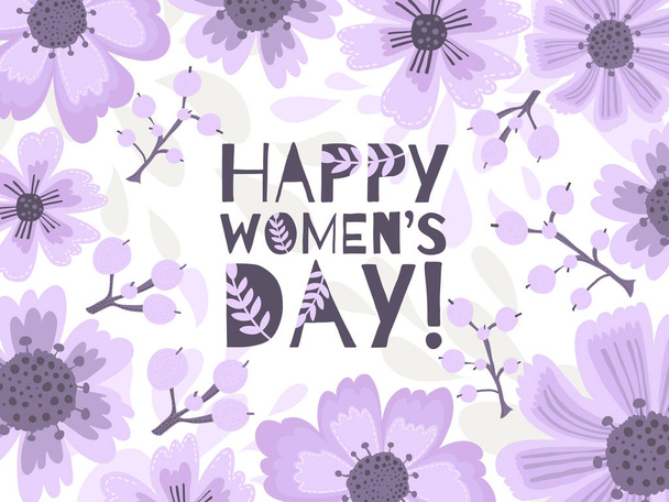 Bannière de la Journée internationale de la femme. Carte postale le 8 mars avec un décor de fleurs, plantes et feuilles
. - Vecteur, image