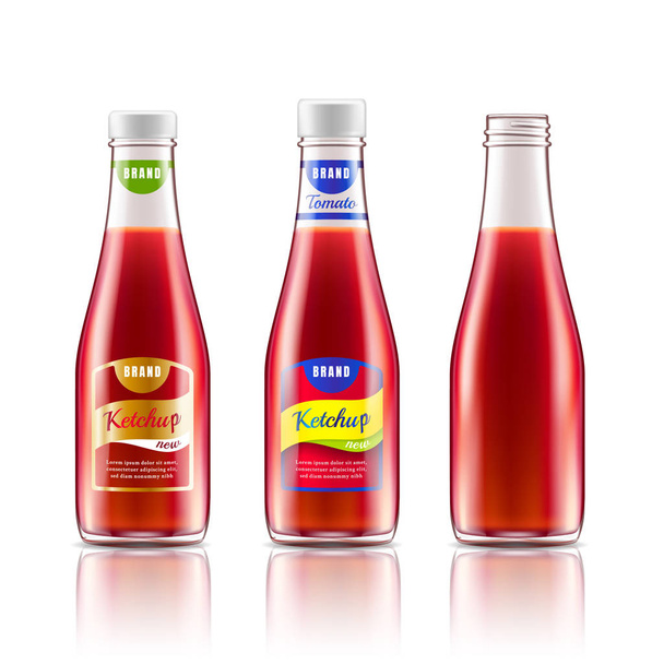 Botella de vidrio con ketchup, zumo de tomate o salsa. Plantilla de diseño. Tema de alimentos y bebidas. Ilustración vectorial realista 3d
 - Vector, imagen