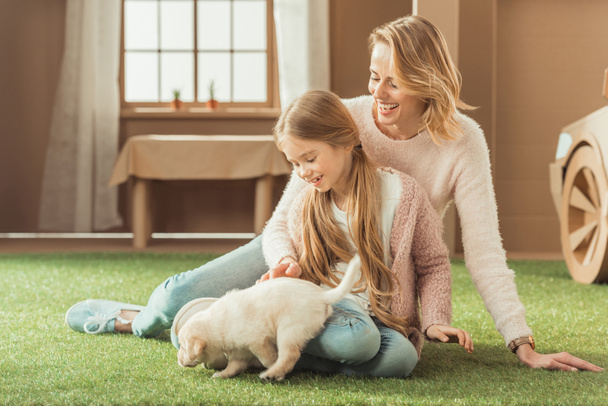 mother and daughter playing with adorable labrador puppy in front of cardboard house - Zdjęcie, obraz