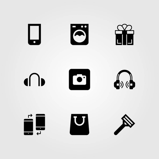 Shopping vector icon set. razor, shopping bag, washing machine and smartphone - Vektor, kép