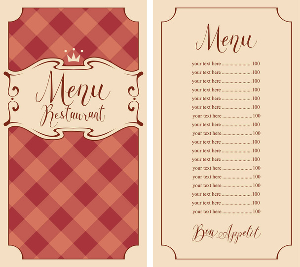 checkered menu for restaurant with price and crown - Vektor, Bild